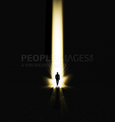 Buy stock photo Walking man, faith and miracle light with shadow showing beam and spotlight for hope. Male, silhouette and entrance with mock up and isolated black background with art, journey and heaven doorway