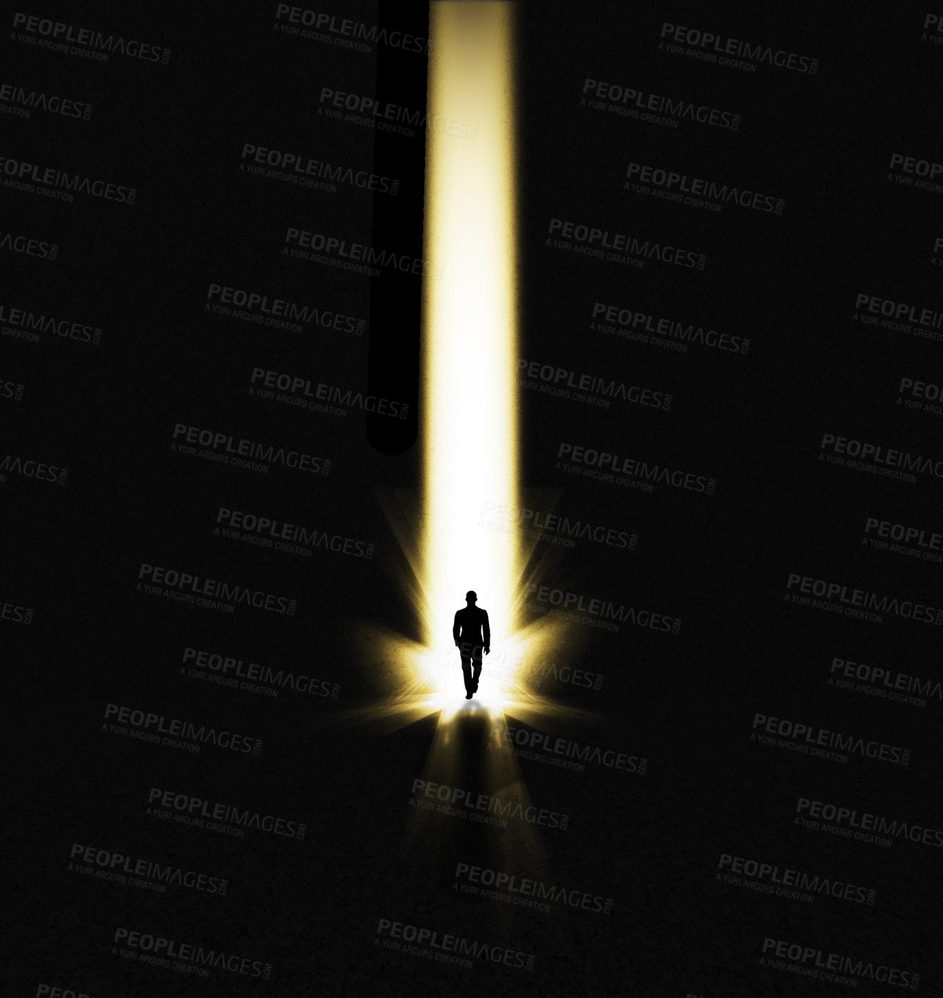 Buy stock photo Walking man, faith and miracle light with shadow showing beam and spotlight for hope. Male, silhouette and entrance with mock up and isolated black background with art, journey and heaven doorway