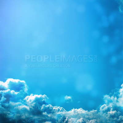 Buy stock photo Abstract, digital illustration and clouds in sky for nature, fantasy and peace with bokeh on blue background. Light, atmosphere and air space with graphic drawing for dream, creativity and calm
