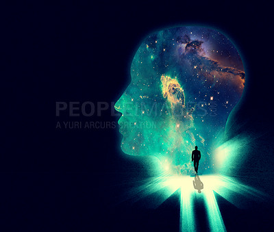 Buy stock photo Illustration of a man walking towards a huge shape of a person's head overlaid with an image of the cosmos