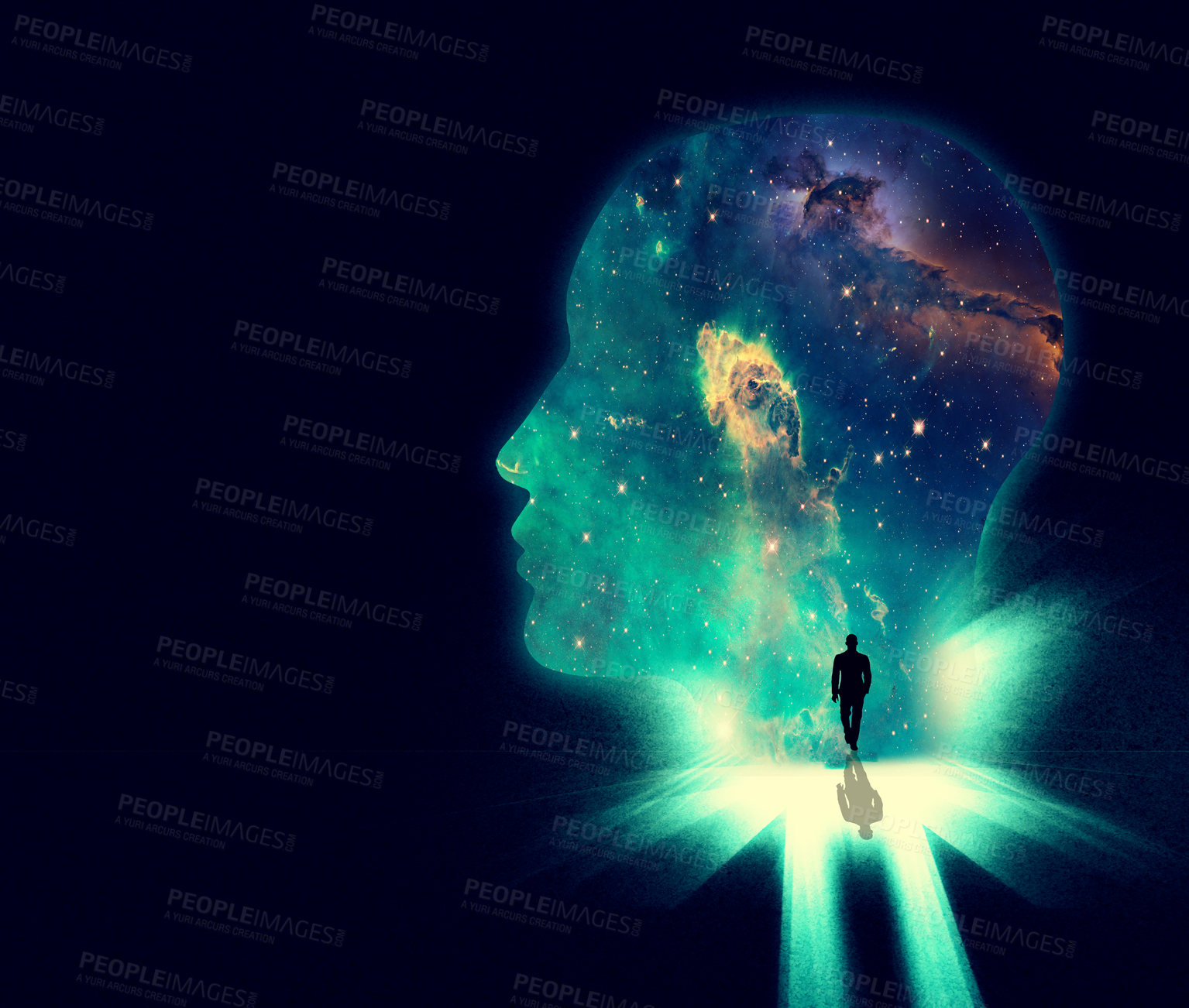 Buy stock photo Illustration of a man walking towards a huge shape of a person's head overlaid with an image of the cosmos