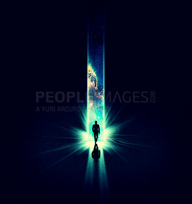 Buy stock photo Light, fantasy and man with awareness, enlightenment and overlay with the great beyond, portal route and cosmos. Being, male and person with darkness, universe and journey with creativity and galaxy