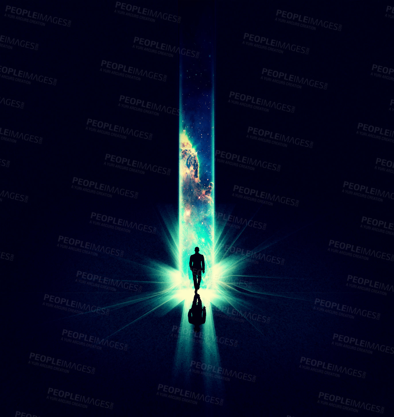 Buy stock photo Light, fantasy and man with awareness, enlightenment and overlay with the great beyond, portal route and cosmos. Being, male and person with darkness, universe and journey with creativity and galaxy