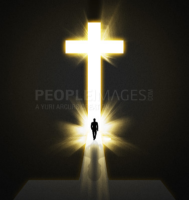 Buy stock photo Faith, fantasy and man with light for cross to walk or journey for spirituality, religion and entrance to heaven. Male person, walking and silhouette with black background for mockup, shadow and glow