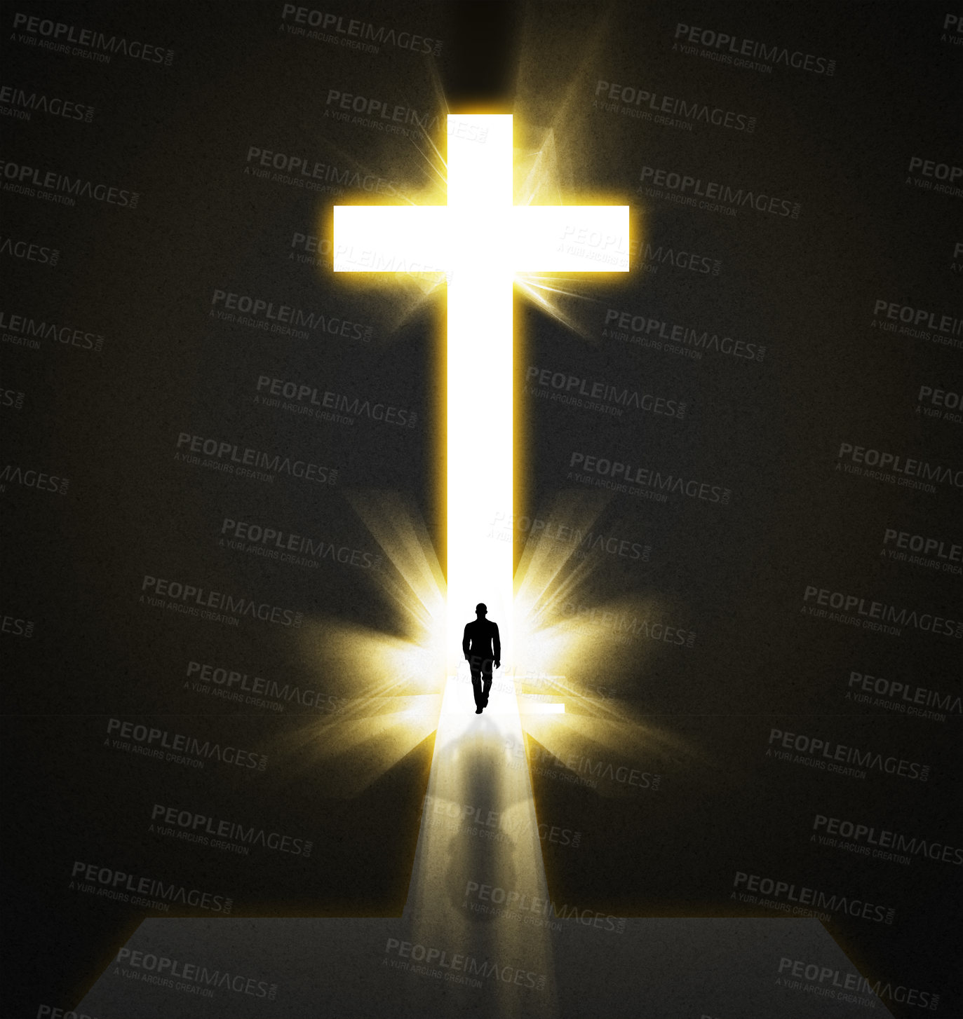 Buy stock photo Faith, fantasy and man with light for cross to walk or journey for spirituality, religion and entrance to heaven. Male person, walking and silhouette with black background for mockup, shadow and glow