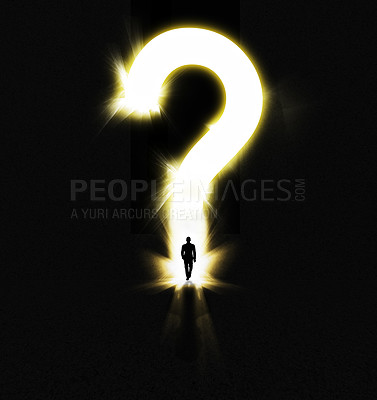 Buy stock photo Faith, fantasy and man with light for question to journey for spirituality, religion and entrance to heaven. Male person, walking and silhouette with black background for mockup, shadow and glow