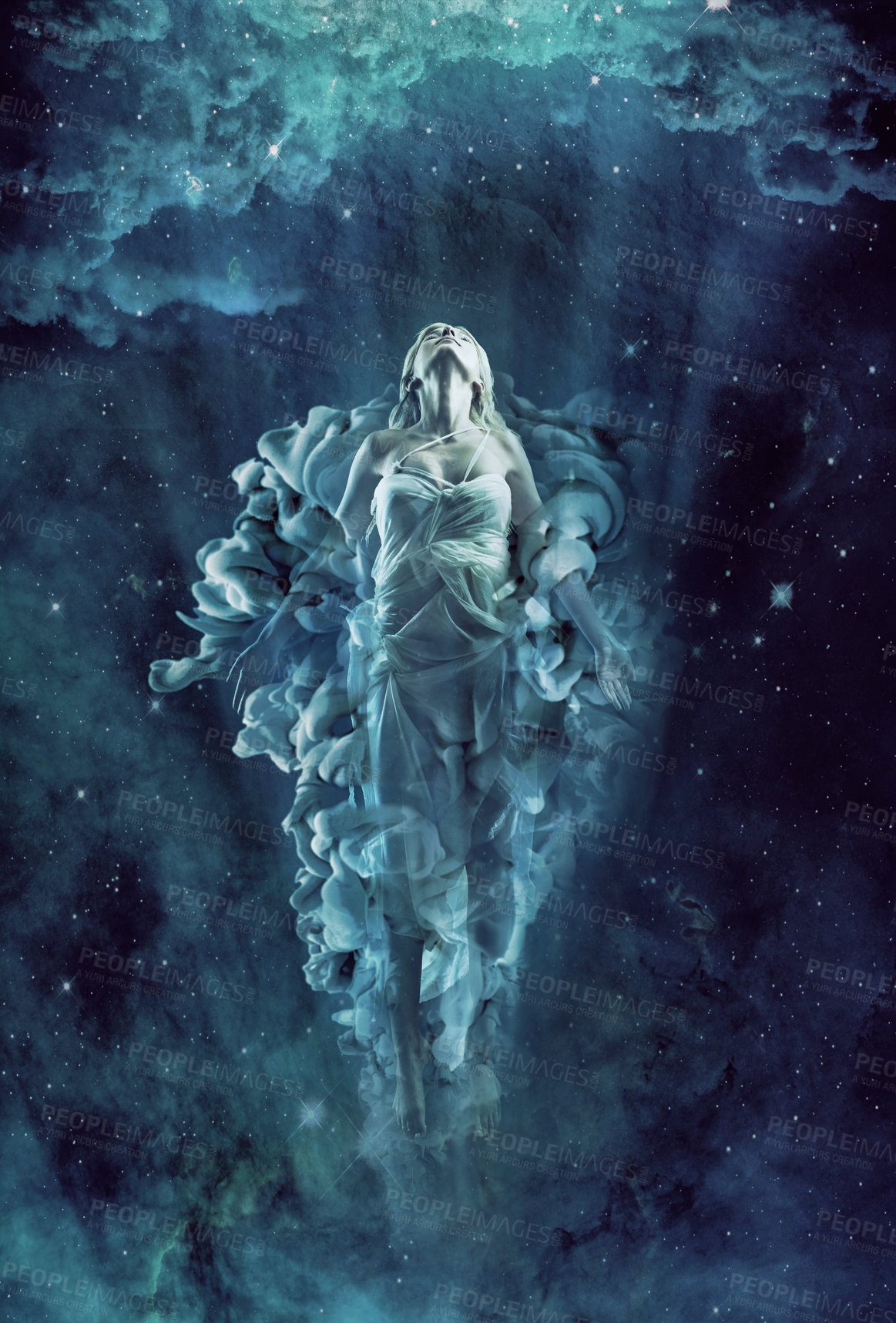 Buy stock photo Illustration of a ethereal woman floating in the night sky