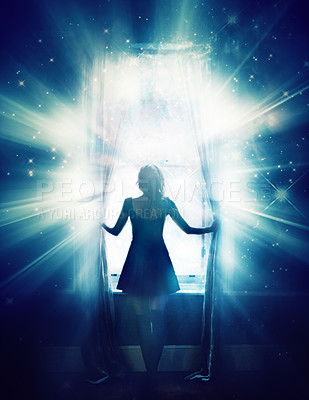 Buy stock photo Illustration of a woman opening a window to brilliant glowing light