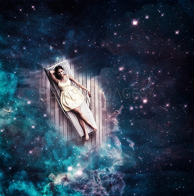 Buy stock photo Above view of a woman sleeping, dreaming and astral projecting through the universe. Young beautiful woman thinking, exploring spiritualism and manifesting through mediation and a cgi creative design