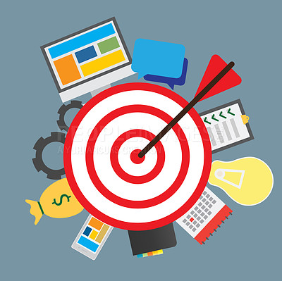 Buy stock photo Illustration, board and arrow with icons on target for financial goals, planning timeline and personal challenge. Infographic, data analysis and chart with symbols on dartboard and aim for success