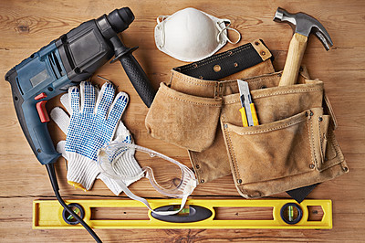 Buy stock photo High angle shot of work tools