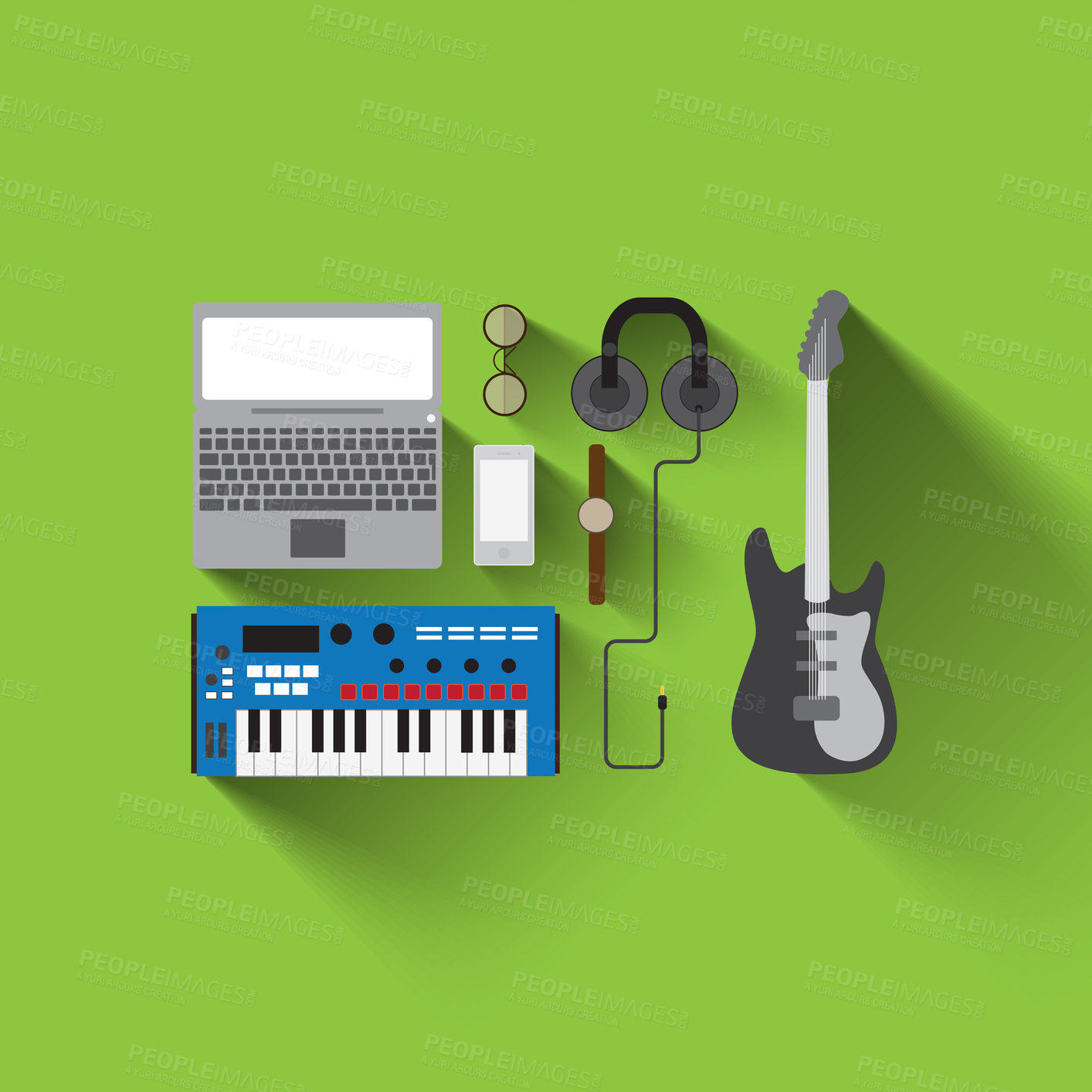 Buy stock photo Music, laptop and instrument flat lay or vector on a studio green background of creative or artistic performance. DJ, keyboard and headphones as illustration of digital musical production on computer