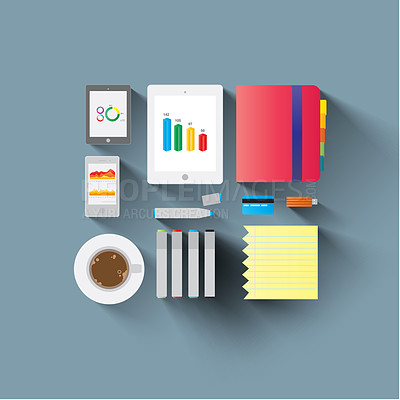 Buy stock photo Office, stationary and flat line illustration for working, professional and background. Tablet, smartphone and notebook for organizing, work and metrics with coffee, diary and productivity for job