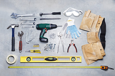 Buy stock photo High angle shot of a tools against a gray background