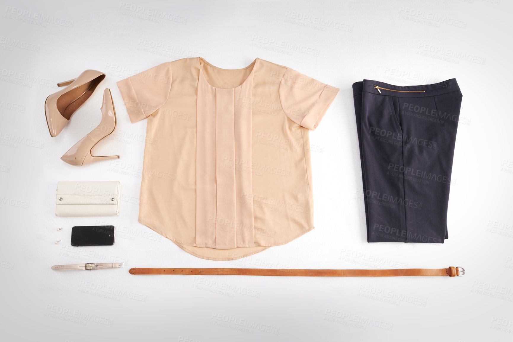 Buy stock photo Women, fashion and clothes isolated on a white background in a room. Top view of a stylish, elegant and glamorous costume. Flat lay of trendy female apparel and a woman's designer outfit from above. 