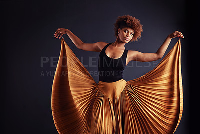 Buy stock photo Performance, theatre and portrait of black woman dancing, creative and art of body, moving and passion. Dark background, studio and girl with pride, confident and female person with balance and stage