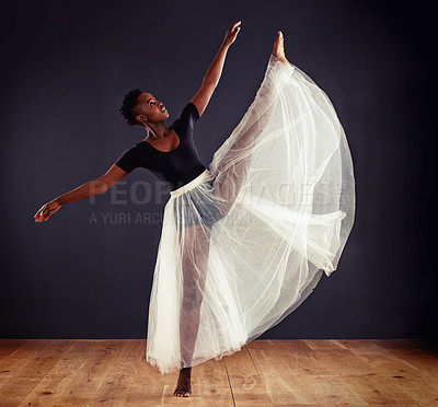 Buy stock photo Ballet, black woman and ballerina in studio for dance routine, training and performance. Contemporary, dancing and young female person for elegant art, movement and practice with dark background