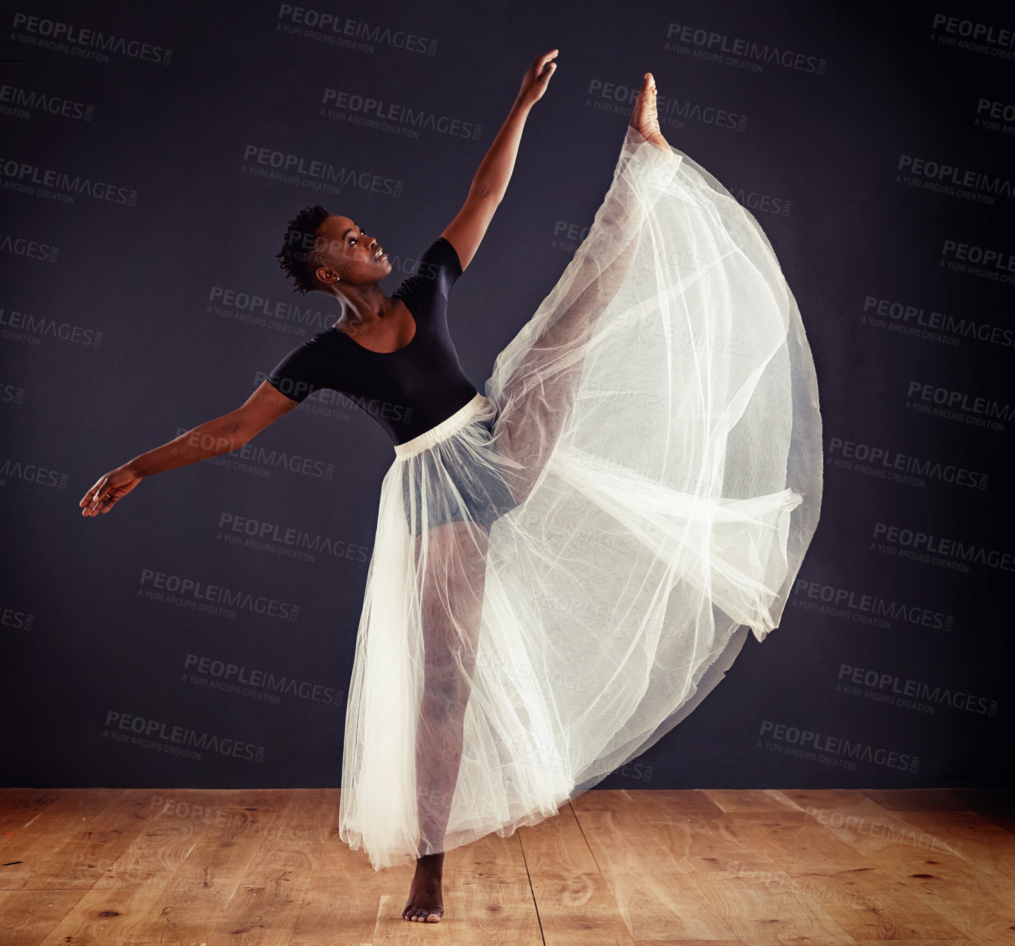 Buy stock photo Ballet, black woman and ballerina in studio for dance routine, training and performance. Contemporary, dancing and young female person for elegant art, movement and practice with dark background