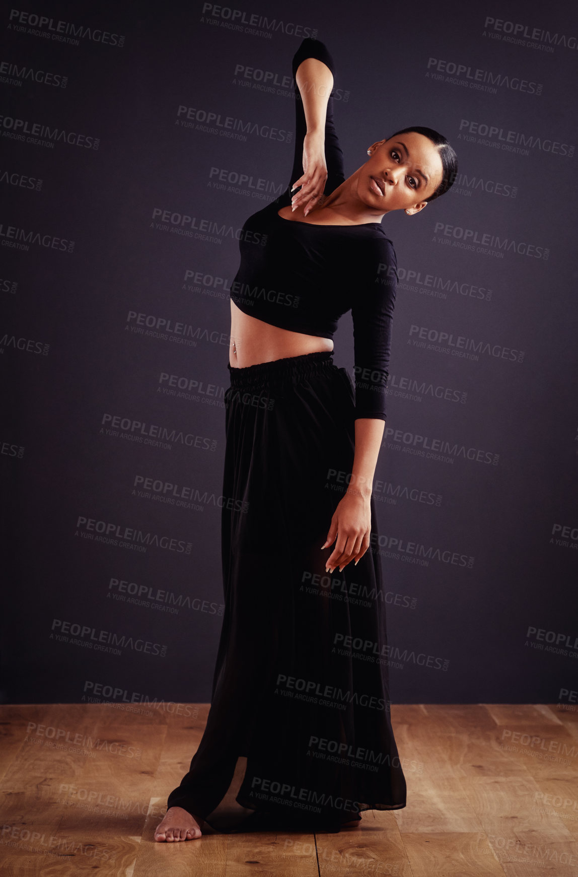 Buy stock photo Ballet, black woman and ballerina in studio for performance, training and dance routine. Contemporary, dancing and young female person for elegant art, movement and practice with dark background