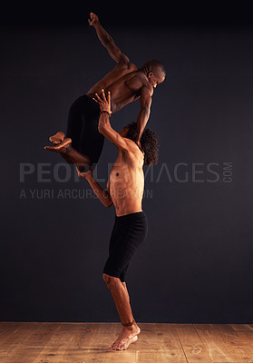 Buy stock photo Modern dance, people and choreography in studio for training, competition and routine. Teamwork, movement and diverse young men for professional, performance arts and workout with dark background