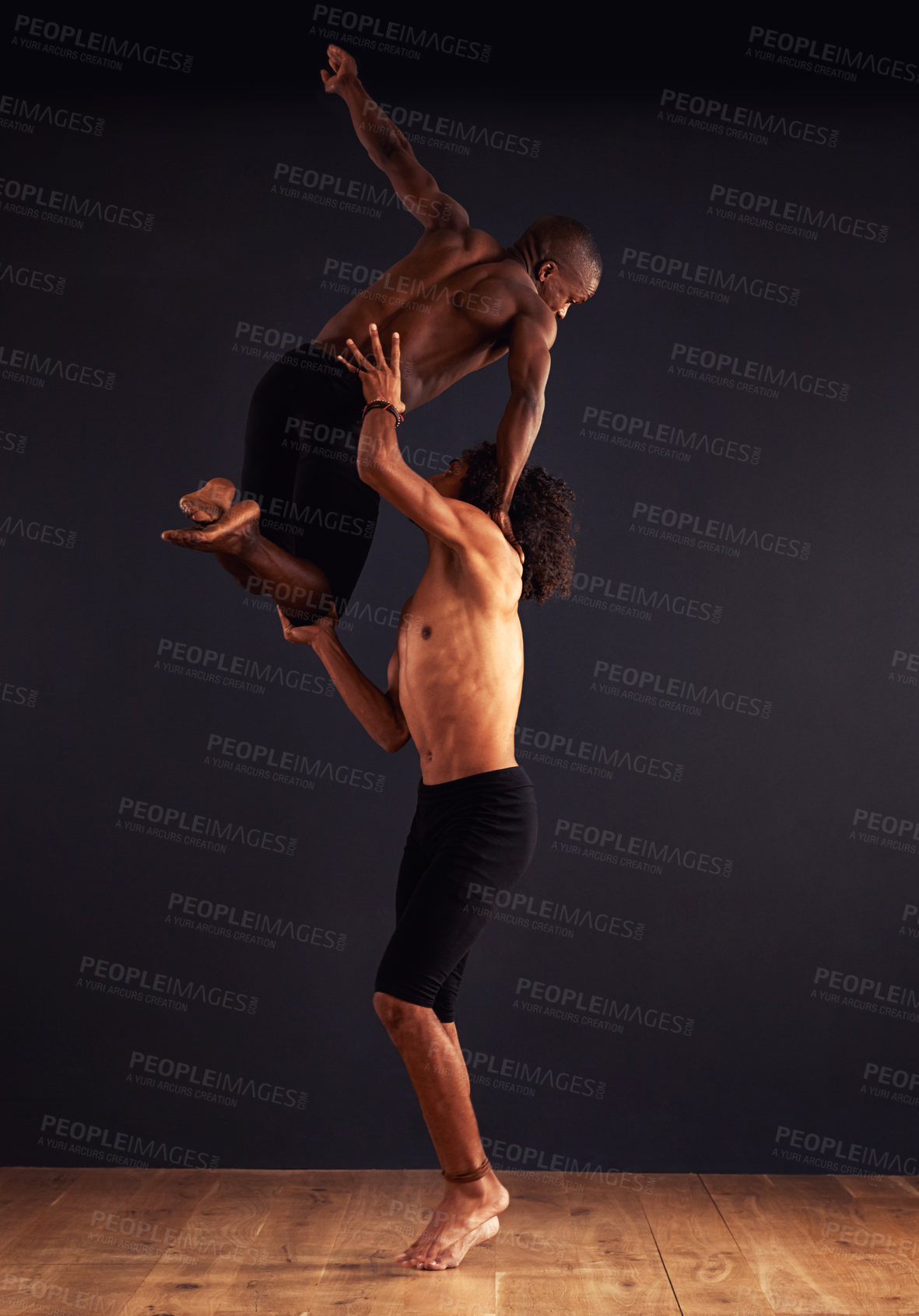 Buy stock photo Modern dance, people and choreography in studio for training, competition and routine. Teamwork, movement and diverse young men for professional, performance arts and workout with dark background