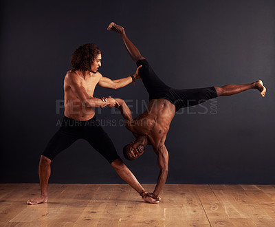 Buy stock photo Practice, people and contemporary in dance studio for training, competition and routine. Teamwork, balance and diverse young men for professional, performance arts and workout with dark background