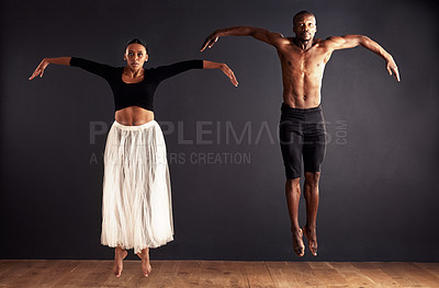 Buy stock photo Performance, portrait and duet of people dancing, creative and art of body, moving and passion. Black background, man and woman with pride, confident and ballet with balance in stage or floor