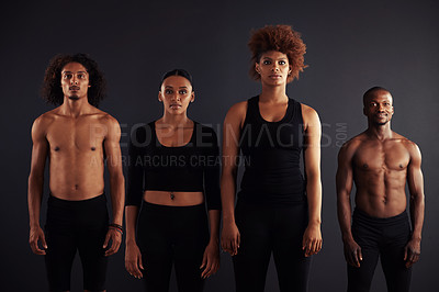 Buy stock photo Performance, portrait and group of people, creative and artist of dance, moving and passion in studio. Black background, men and women with pride, confident and practice for ballet and stage