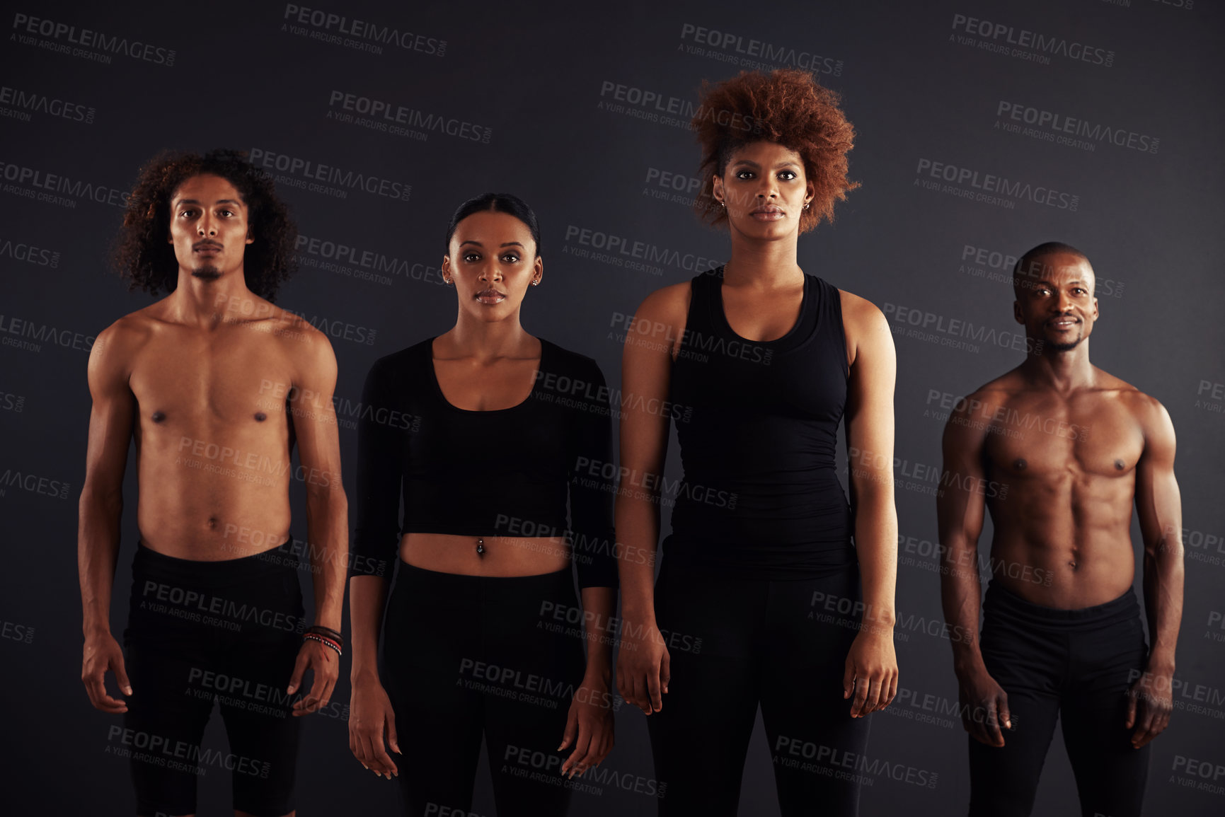Buy stock photo Performance, portrait and group of people, creative and artist of dance, moving and passion in studio. Black background, men and women with pride, confident and practice for ballet and stage