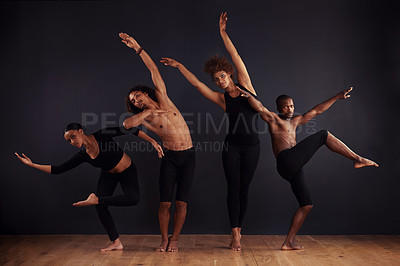 Buy stock photo Performance, drama and portrait of group dancing, creative and art of body, moving and passion. Black background, men and women with pride, confident and people with balance, stage and ballet
