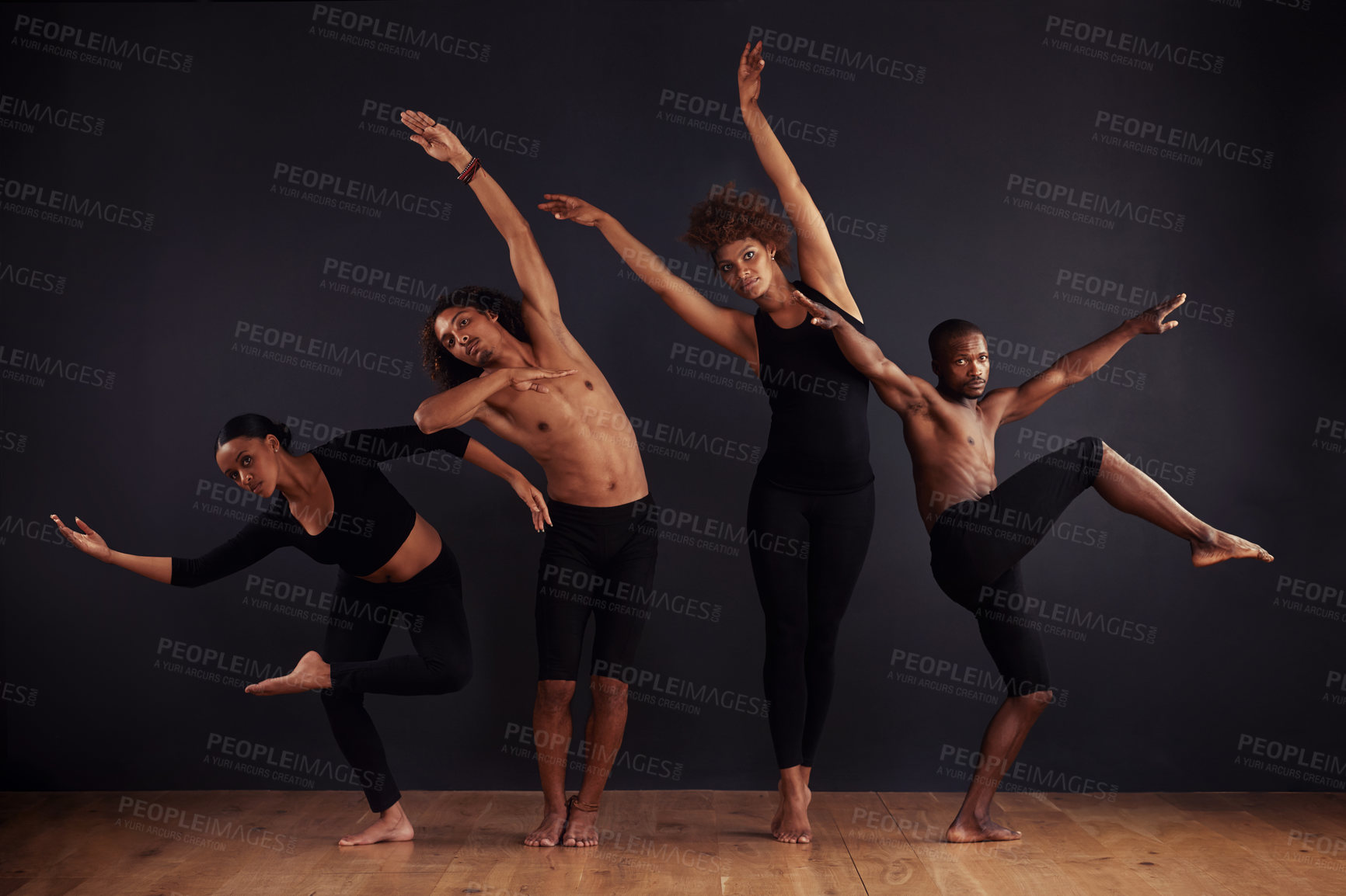 Buy stock photo Performance, drama and portrait of group dancing, creative and art of body, moving and passion. Black background, men and women with pride, confident and people with balance, stage and ballet
