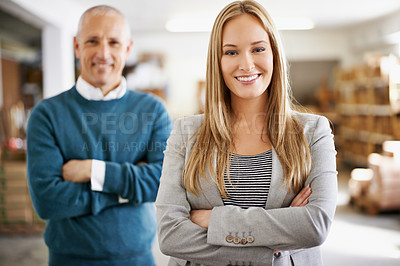 Buy stock photo Man, woman and portrait of business people in storage warehouse with confidence, logistics or distribution. Partnership, team and industrial cargo inventory store with boxes, pride and leadership