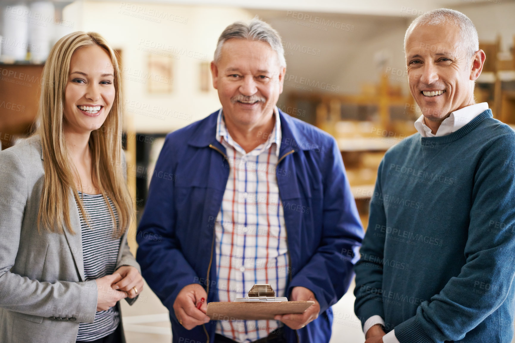 Buy stock photo Portrait, people or clipboard in warehouse, distribution or logistics work as supply chain teamwork. Men, woman or checklist in happy, factory or order fullfilment of product stock or inventory