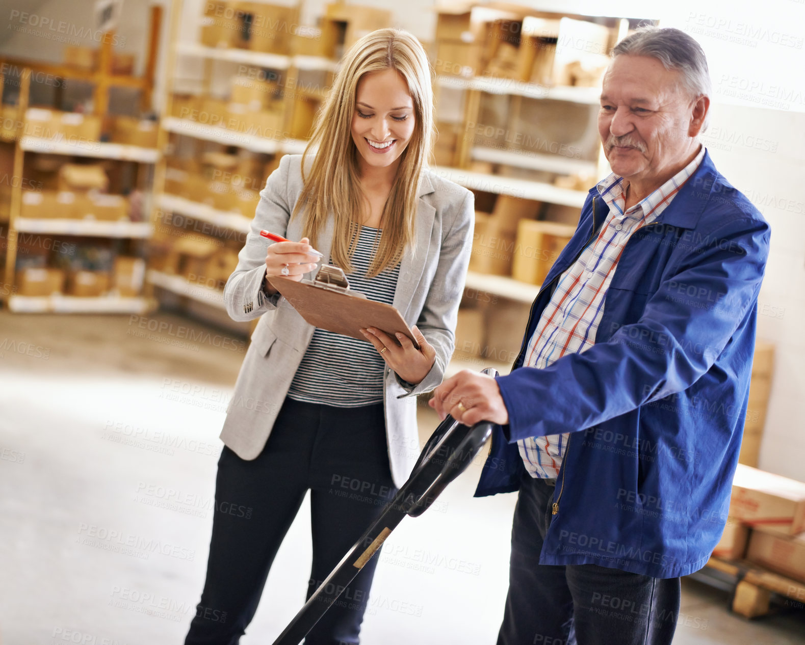 Buy stock photo Happy people, manager and clipboard for inventory management in warehouse, distribution and logistic industry. Checklist, inspection and supply chain, supplier at storage facility and quality control