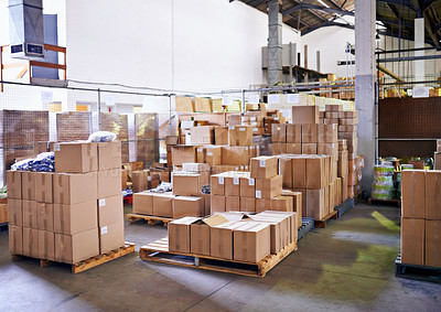 Buy stock photo Boxes, packaging and warehouse production for shipping distribution for supply chain import, ecommerce or cargo. Business, delivery and manufacturing factory for company order, logistics or freight