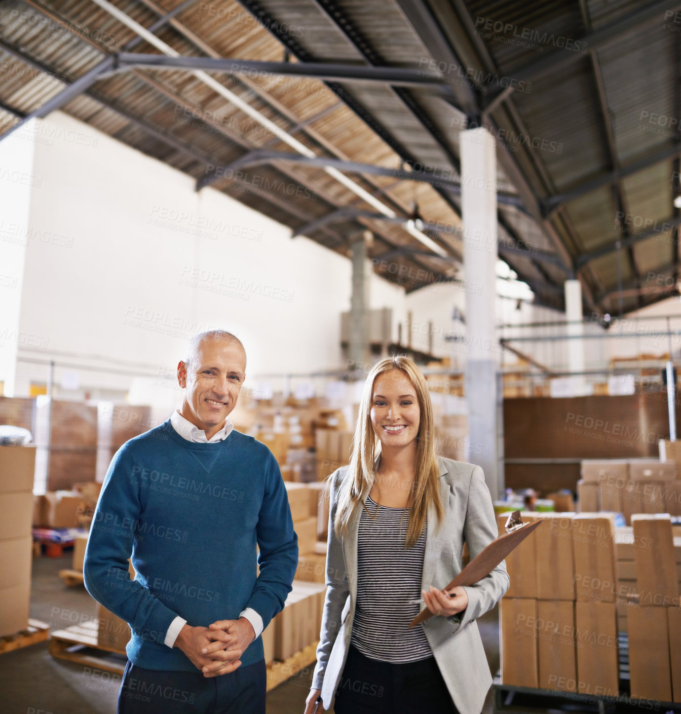 Buy stock photo People, portrait and warehouse packaging for logistics or manufacturing production, boxes or distribution. Woman, clipboard and inventory inspection at factory for e commerce, delivery or courier