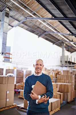 Buy stock photo Delivery, smile and portrait of man in warehouse for cargo, storage and shipping. Distribution, ecommerce and logistics with employee in factory plant for supply chain, package or wholesale supplier