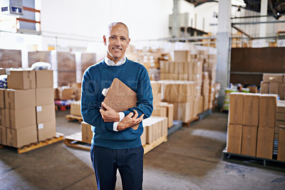 Buy stock photo Checklist, smile and portrait of man in warehouse for cargo, storage and shipping. Distribution, ecommerce and logistics with employee in factory plant for supply chain, package or wholesale supplier