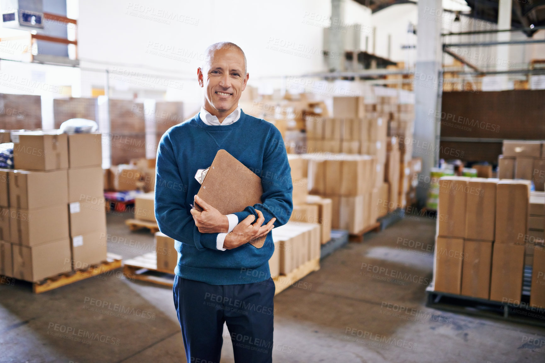 Buy stock photo Checklist, smile and portrait of man in warehouse for cargo, storage and shipping. Distribution, ecommerce and logistics with employee in factory plant for supply chain, package or wholesale supplier