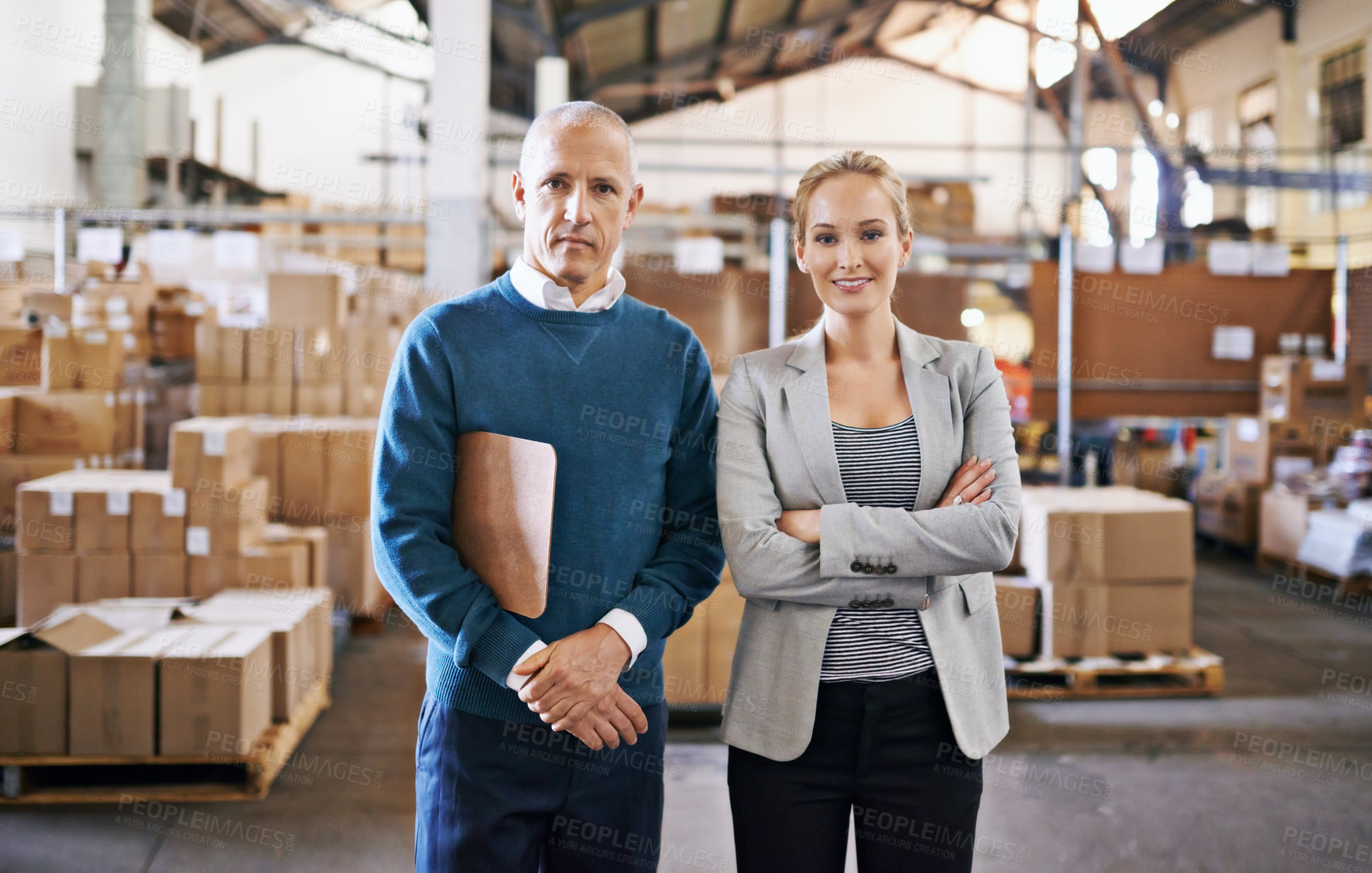 Buy stock photo Man, woman and portrait of business people in storage warehouse with confidence, logistics or distribution. Partnership, shipping and team at cargo inventory factory with boxes, pride and leadership