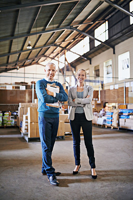 Buy stock photo Boxes, confidence and portrait of business people in factory with package, logistics and distribution. Export, commerce and service team at cargo storage warehouse with clipboard, pride and smile