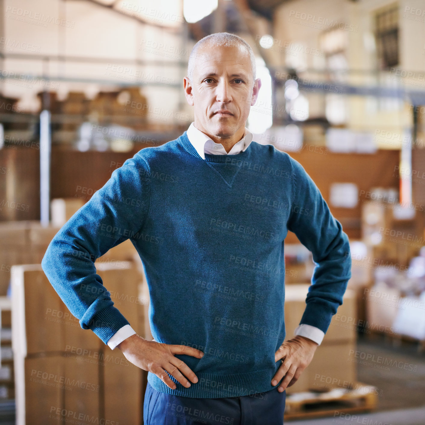 Buy stock photo Delivery, serious and portrait of man in warehouse for cargo, storage or shipping. Distribution, ecommerce and logistics with employee in factory plant for supply chain, package or wholesale supplier