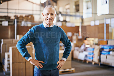 Buy stock photo Manager, smile and portrait of man in warehouse for cargo, storage and shipping. Distribution, ecommerce and logistics with employee in factory plant for supply chain, package or wholesale supplier