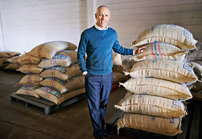Buy stock photo Coffee, factory and portrait of man with bag for distribution, quality control and confident logistics. Export, manufacturing and proud entrepreneur with beans at warehouse for sustainable business