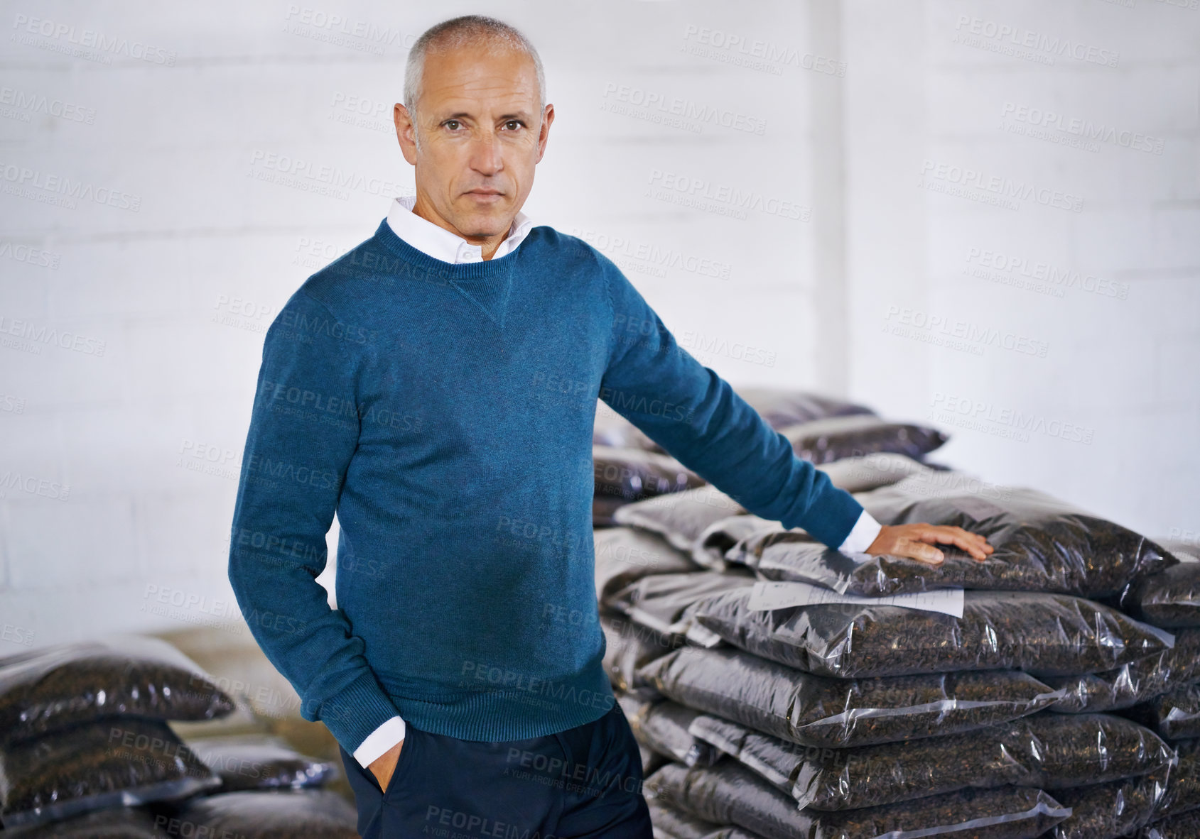 Buy stock photo Coffee, storage and portrait of man with bags for distribution, quality control and confident in warehouse. Export, manufacturing and proud entrepreneur with beans at factory for sustainable business