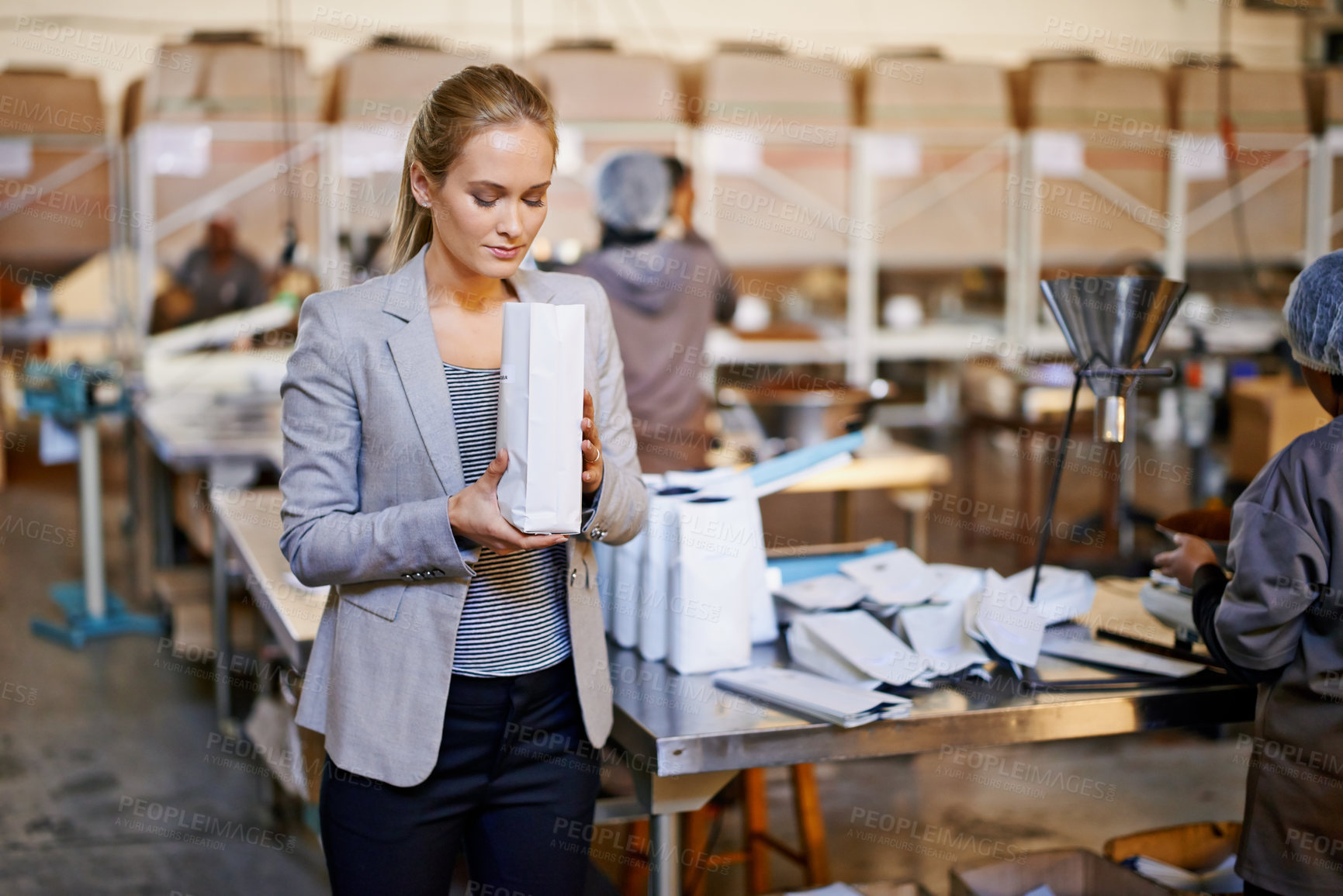 Buy stock photo Woman, warehouse and packaging production or inspection of coffee beans for inventory, shipping or supply chain. Female person, factory and export service with wholesale logistics, industry or stock