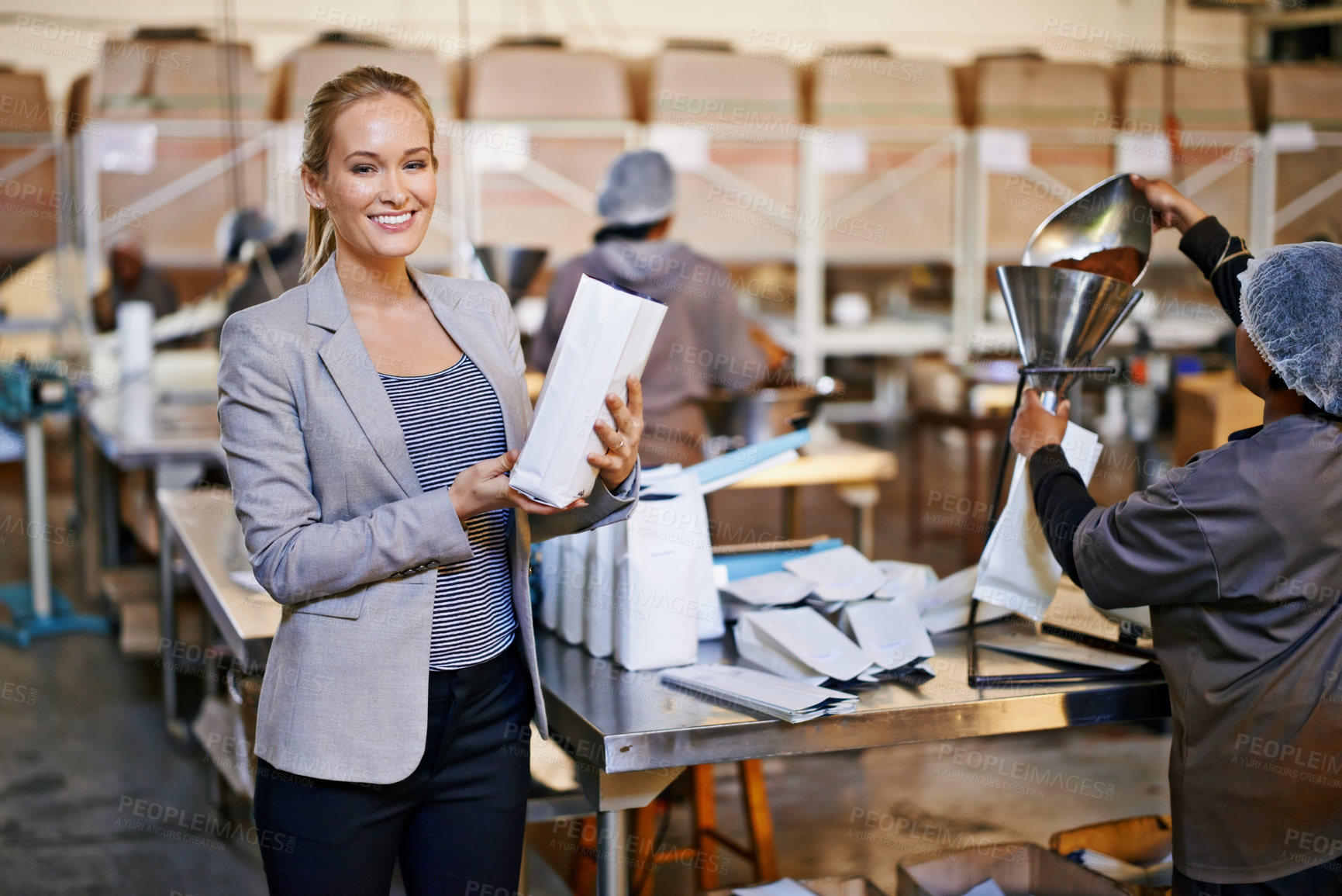 Buy stock photo Woman, portrait and warehouse production or packaging coffee beans logistics for supply chain, shipping or distribution. Female person, face and factory worker for parcel export, storage or facility