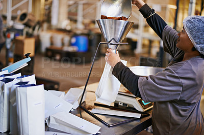 Buy stock photo Business, worker and coffee packaging in factory with weighing tool, bags and manufacturing process. Production, woman and employee with working and supply chain industry in distribution warehouse  