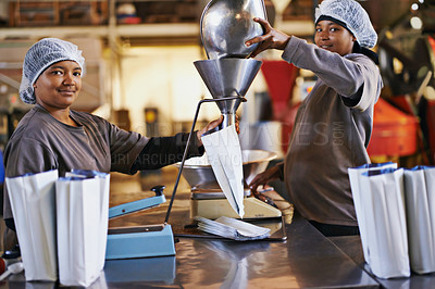 Buy stock photo Business, women and coffee beans packaging in factory with portrait, smile and manufacturing teamwork. Production, people or employee with bags, weighing tool and supply chain industry in warehouse  