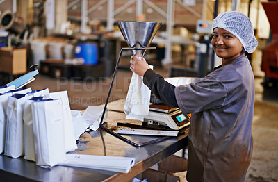 Buy stock photo Business, worker and coffee beans packaging in factory with portrait, smile and manufacturing process. Production, woman and employee with bags, weighing tool and supply chain industry in warehouse  